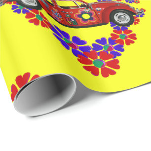 Papel De Presente Flores e carros do tema dos anos 60