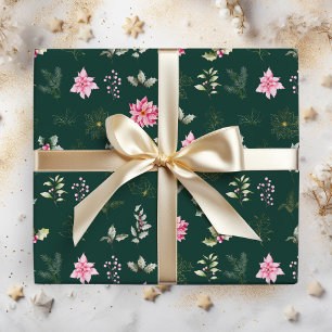 Papel De Presente Flores e Folhagens de Poinsettia Rosa em Verde Esc