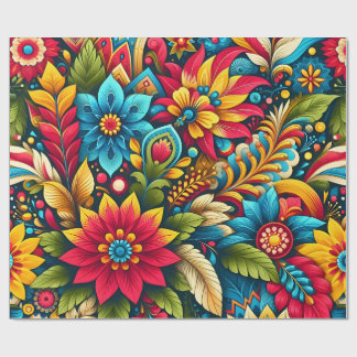 Papel De Presente Flores e Folhas Coloridas Artísticas Embrulhando