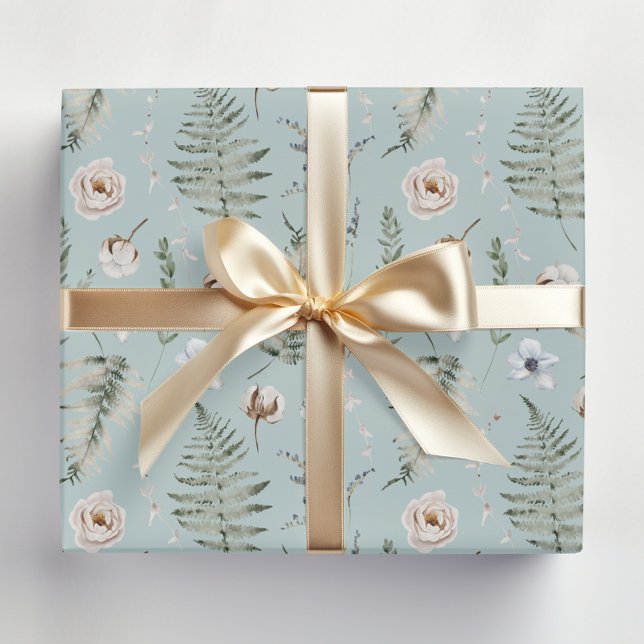 Papel De Presente Flores e Folhas de Samambaia Floresta Floral Botân (In situ)