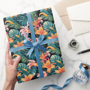 Papel De Presente Flores e Folhas Tropicais Coloridas