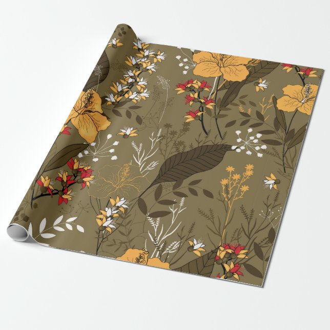 Papel De Presente Flores e folhas tropicais, sem costura (Desenrolado)