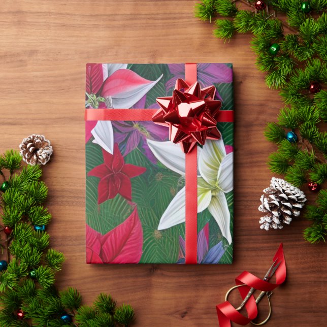 Papel De Presente Flores e pinheiros de Amaryllis (Presente de Natal)