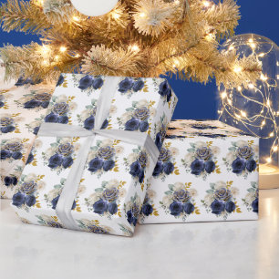 Papel De Presente Flores Elegantes Azul Marinho e Dourado