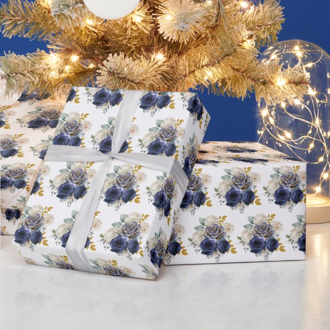 Papel De Presente Flores Elegantes Azul Marinho e Dourado (Feriados)