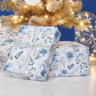 Papel De Presente Flores Elegantes em Aquarela Azul