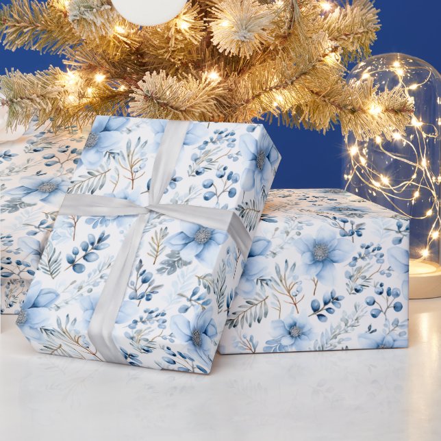 Papel De Presente Flores Elegantes em Aquarela Azul (Feriados)