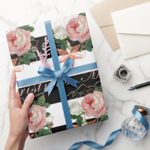 Papel De Presente Flores elegantes rosa de ouro de Natal