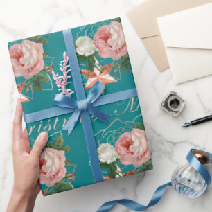 Papel De Presente Flores elegantes rosa de ouro de Natal