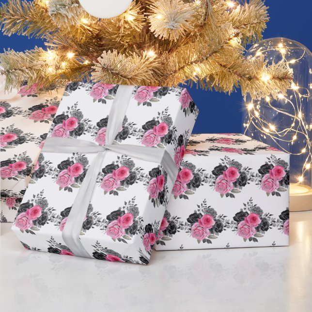Papel De Presente Flores Elegantes Rosa Quente e Prata (Feriados)