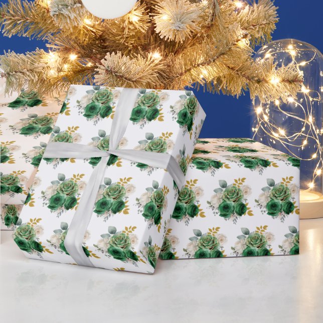 Papel De Presente Flores Elegantes Verde Escuro e Dourado (Feriados)