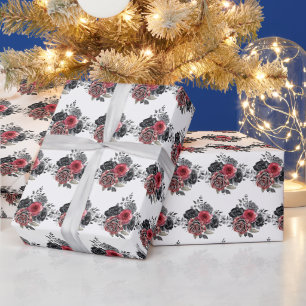 Papel De Presente Flores Elegantes Vermelhas e Prateadas