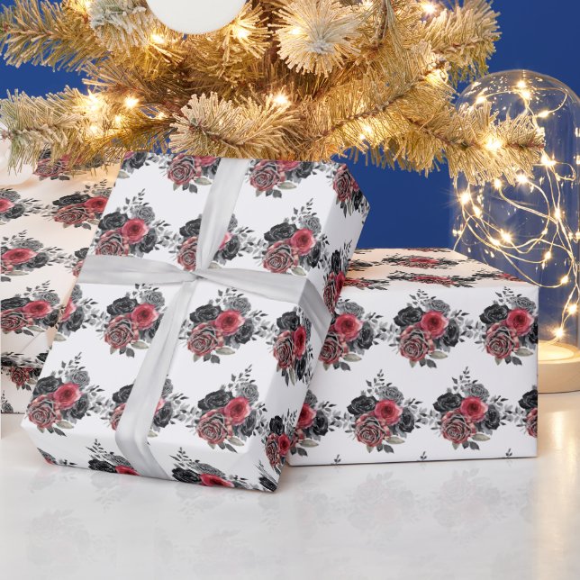 Papel De Presente Flores Elegantes Vermelhas e Prateadas (Feriados)