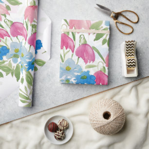 Papel De Presente Flores em Aquarela Rosa e Azul Claro
