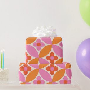 Papel De Presente Flores em círculos laranja rosa de meados do sécul