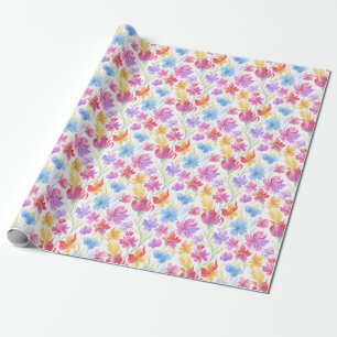 Papel De Presente Flores em Estilo de Aquarela Abstrata Rosa Azul Am