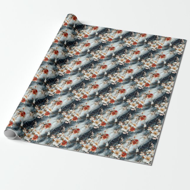 Papel De Presente Flores em Mármore Preto e Branco (Desenrolado)
