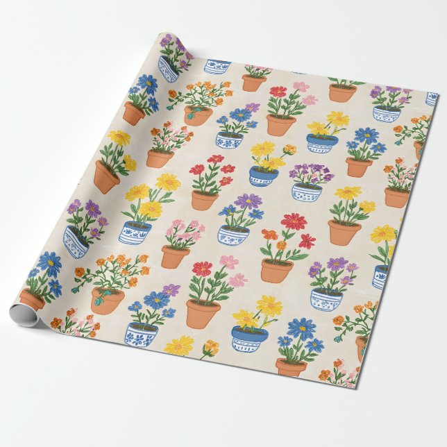 Papel De Presente Flores Em Vasos Caprichosas Ilustração Botânica (Desenrolado)