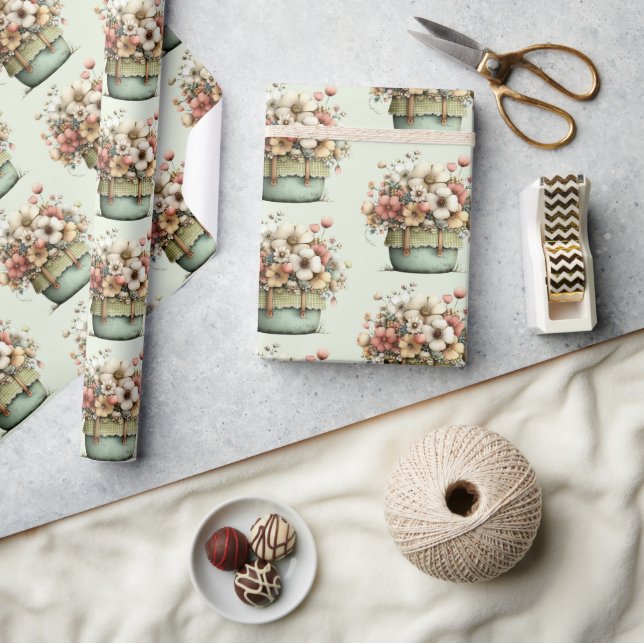 Papel De Presente Flores em Vasos Padrão Fofo e Aconchegante (Artesanato)