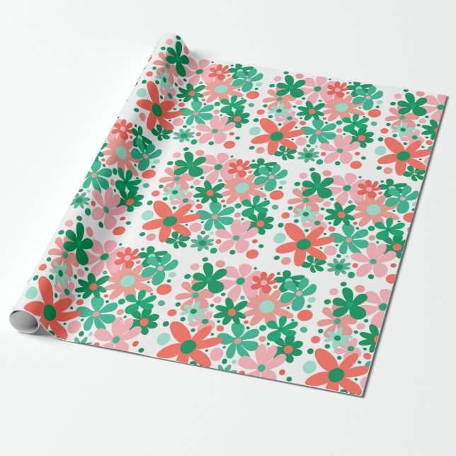 Papel De Presente Flores engraçadas em verde, pêssego e coral (Desenrolado)
