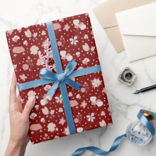Papel De Presente Flores Esboçadas em Vermelho Escuro