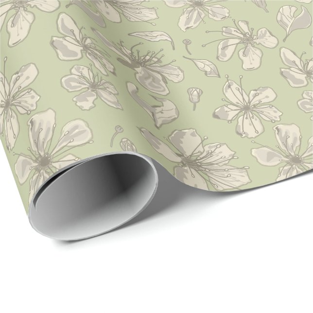 Papel De Presente Flores Espalhadas sobre Verde Oliva - padrão contí (Ponta do rolo)