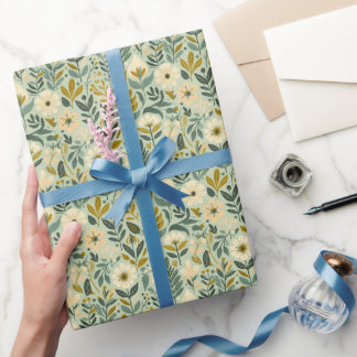 Papel De Presente Flores Florais Flóridas Flores do Século Médio Azu