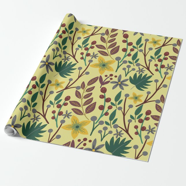 Papel De Presente Flores, flores, folhas, ramos, sem costura, (Desenrolado)