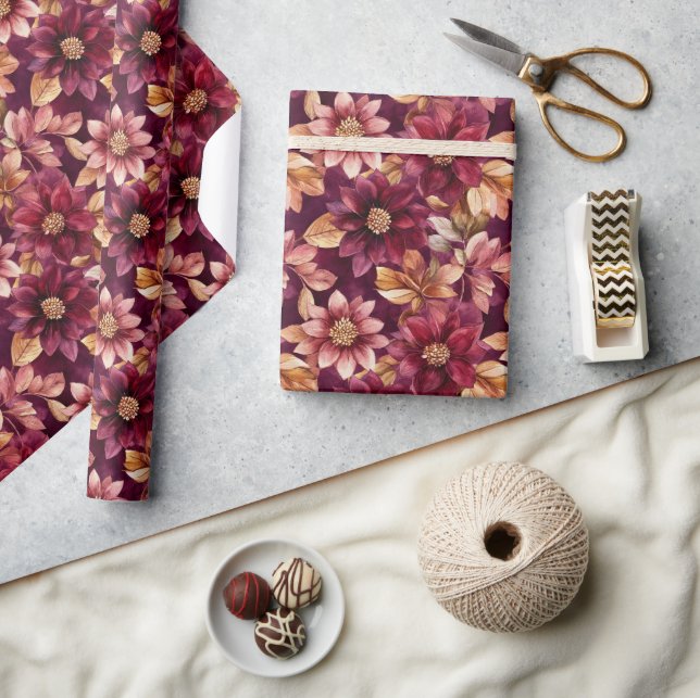 Papel De Presente Flores Folhas Aniversário Dourado Borgonha (Artesanato)