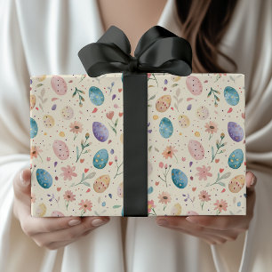 Papel De Presente Flores Folhas Ovos de Páscoa em Aquarela Vintage