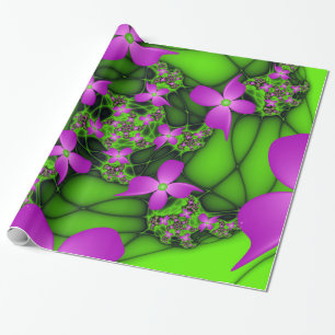Papel De Presente Flores Fractais Abstratas Modernas Rosa Verde Neon