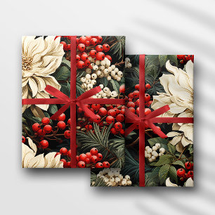 Papel De Presente Flores, Frutas e Folhas Negritadas de Natal/Férias