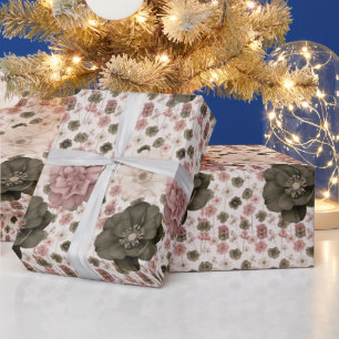 Papel De Presente Flores Gigantes em Tons Suaves de Rosa, Creme e Ol