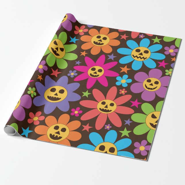 Papel De Presente Flores Groovy Assustadoras de Halloween  (Desenrolado)