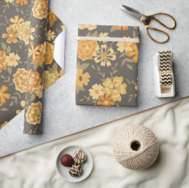 Papel De Presente Flores Laranja Douradas Amarelas Elegantes Em Cast