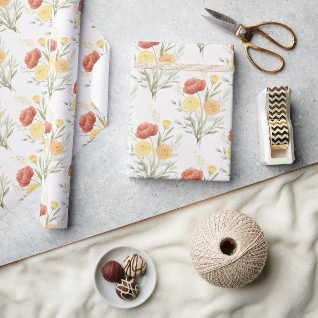 Papel De Presente Flores Laranja Vermelho Amarelo (Artesanato)