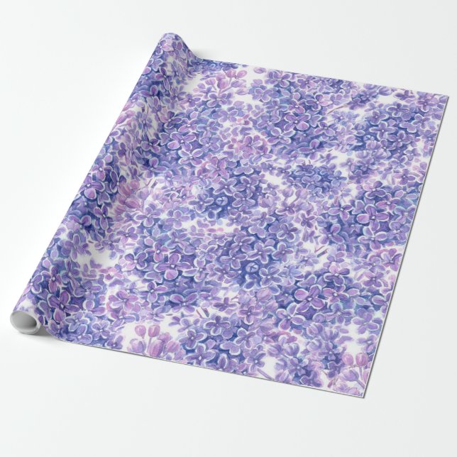 Papel De Presente Flores lilás de cor aquosa violeta (Desenrolado)