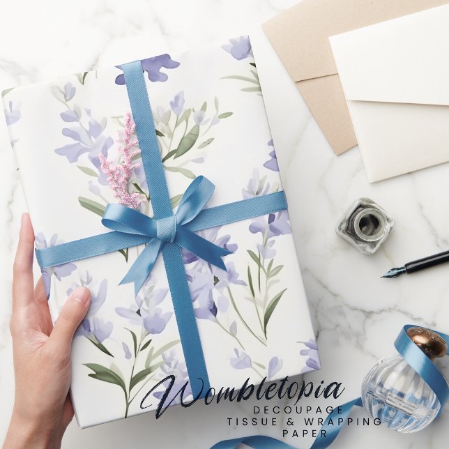 Papel De Presente Flores Liláticas Elegantes Flores Azul e Branco (Criador carregado)