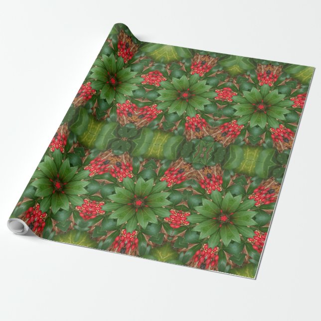Papel De Presente Flores nas Estrelas de Natal Flores Vermelhos (Desenrolado)