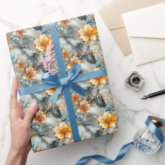 Papel De Presente Flores no Mármore  (Presentear)