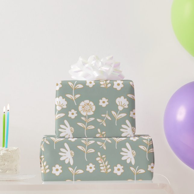 Papel De Presente flores ocres en fondo verde aesthetic (Presentes para festas)
