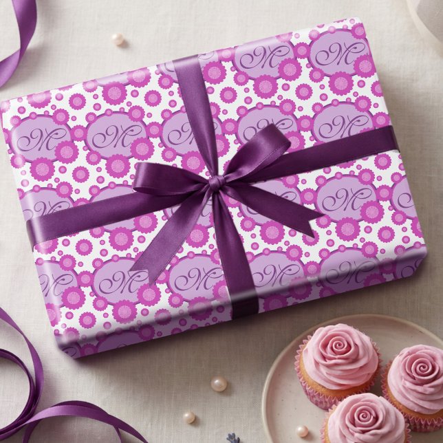Papel de Presente Flores & Ovais com Texto em Scri (Wrap it up in style. Custom initials and hand drawn cute pink flowers make every gift feel personal.)