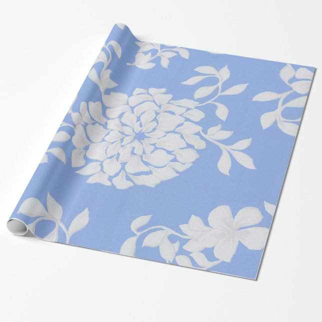 Papel De Presente Flores-padrão invertidas decorativas Folha Azul (Desenrolado)