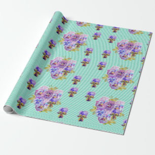 Papel De Presente Flores Pansy florais Aqua Stripe