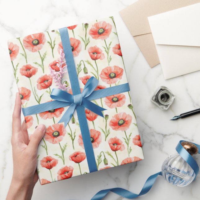 Papel De Presente Flores Papoula Vermelhas de Aniversário (Presentear)