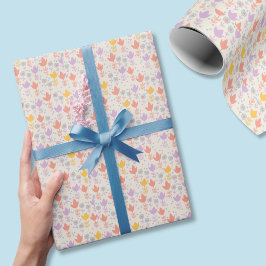 Papel De Presente Flores Pastel de Primavera Rosa Roxo Amarelo Creme