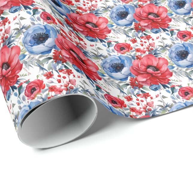Papel De Presente Flores Patrióticas Vermelhas Brancas e Azuis (Ponta do rolo)