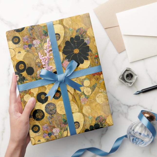 Papel De Presente Flores pretas e Abstrato Dourado | Klimtesque (Presentear)