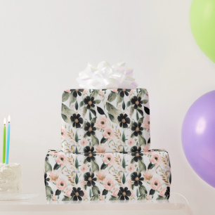 Papel De Presente Flores Pretas e Rosa Concha