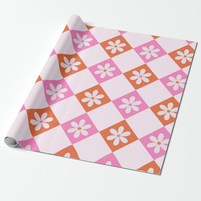 Papel De Presente Flores Retro Brancas em Ouros Laranja e Rosa (Desenrolado)